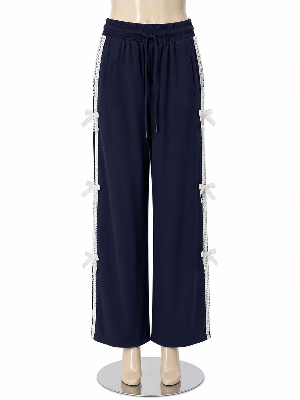 Navy Wide-Leg Pants with White Lace Bow Trim